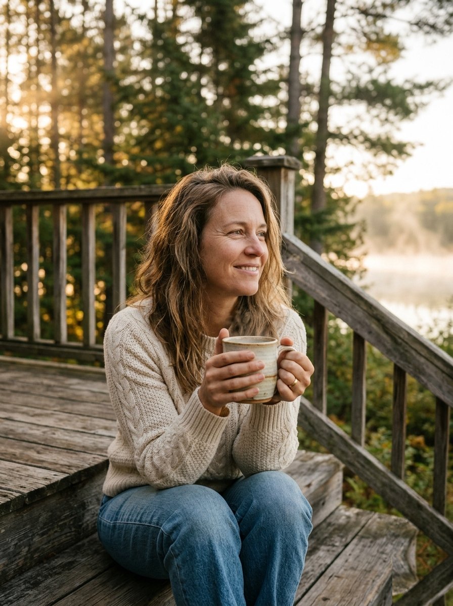 Woman sitting on a cabin porch at sunrise, holding a coffee mug, peaceful and debt-free